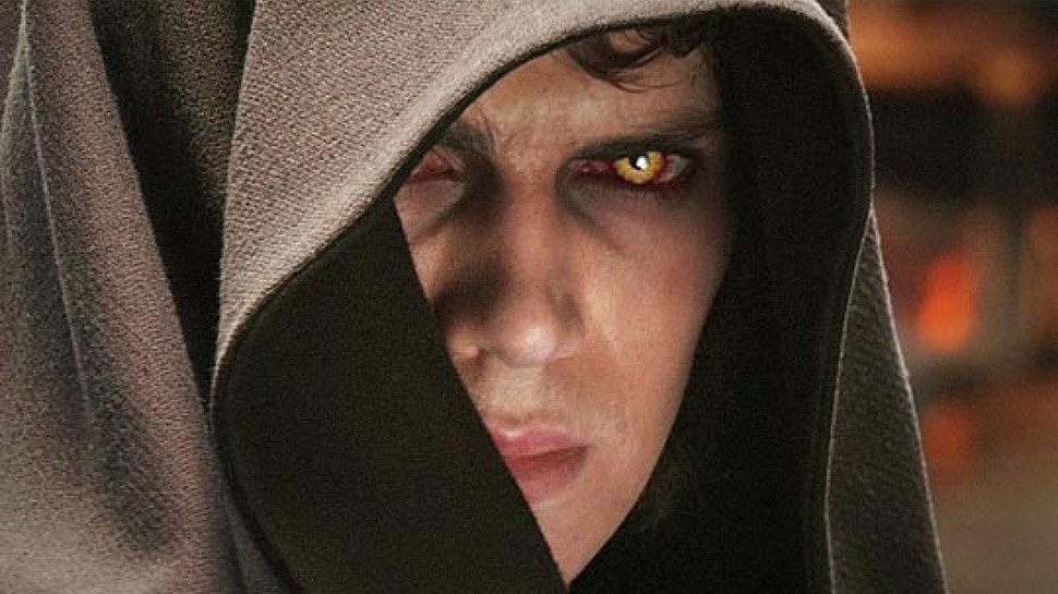 Anakin with a hood and yellow eyes after going to the dark side