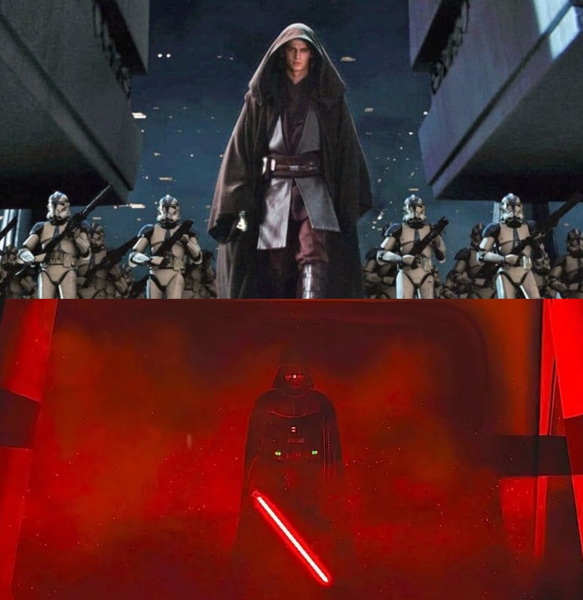 Anakin Skywalker as he enters the Jedi Temple to execute Order 66 in Revenge of the Sith, and his alter ego Darth Vader in Rogue One. 