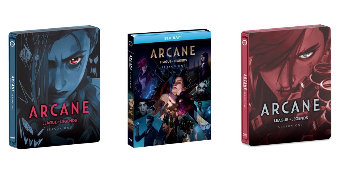 Cover art for the Blu-ray SteelBook, HD SteelBook, and standard Blu-ray sets for Arcane season one.