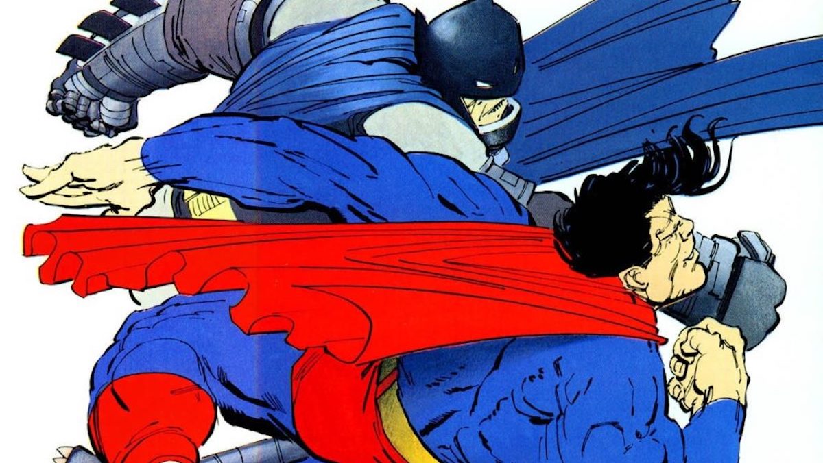 Batman and Superman face off in a Dark Knight Returns comics panel