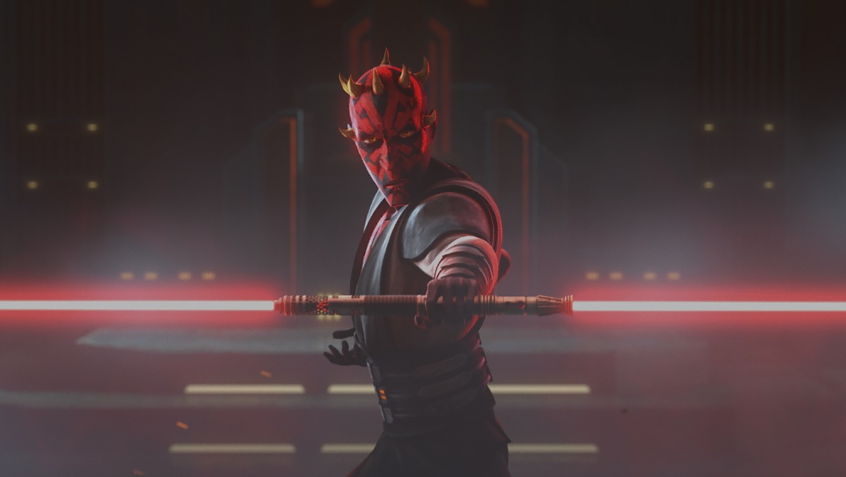 Darth Maul ignites his double-bladed lightsaber in The Clone Wars' final arc.