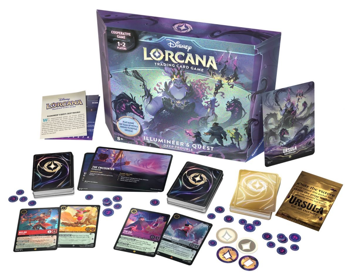 The board game box and pieces from Disney Lorcana: Illumineer's Quest Deep Trouble