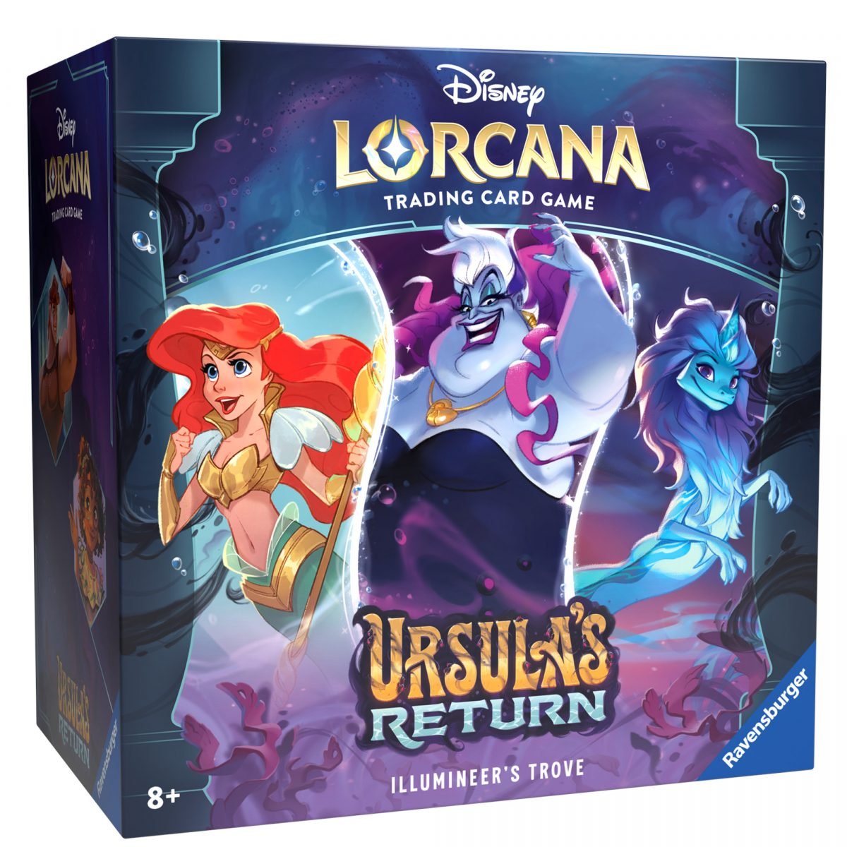 The front of the box for Disney Lorcana: Ursula's Return Illumineer's Trove featuring Ariel, Ursula, and Sisu