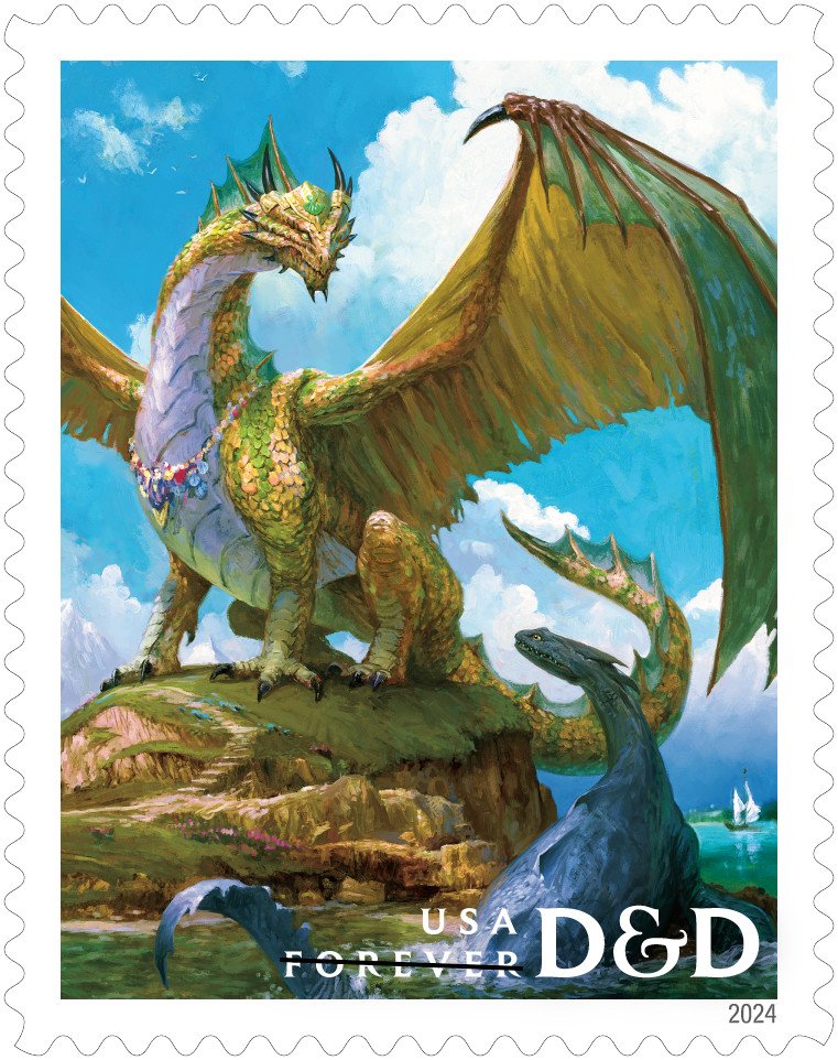 A bronze dragon wearing a necklace glances down at a blue plesiosaur in an illustration that appeared in the 2023 book The Practically Complete Guide to Dragons.