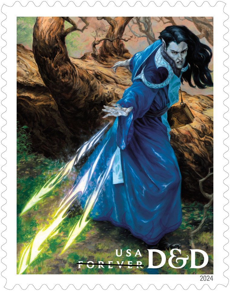 A blue-robed figure casts a “magic missile” spell in artwork that appeared in the 2014 edition of the Player’s Handbook.