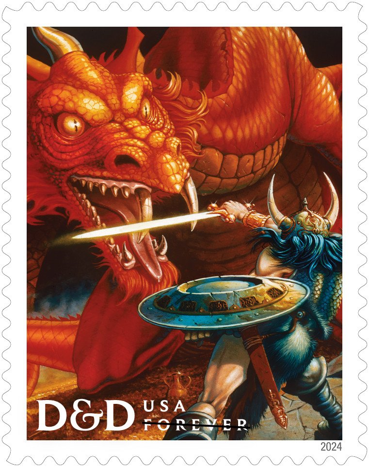 A warrior with his back to the viewer fights a massive red dragon in a detail from an illustration that appeared on the box cover of the popular 1983 Du0026D Basic Set, often known simply as the “red box.” This illustration has since become one of the most recognizable pieces of art in the history of the game.