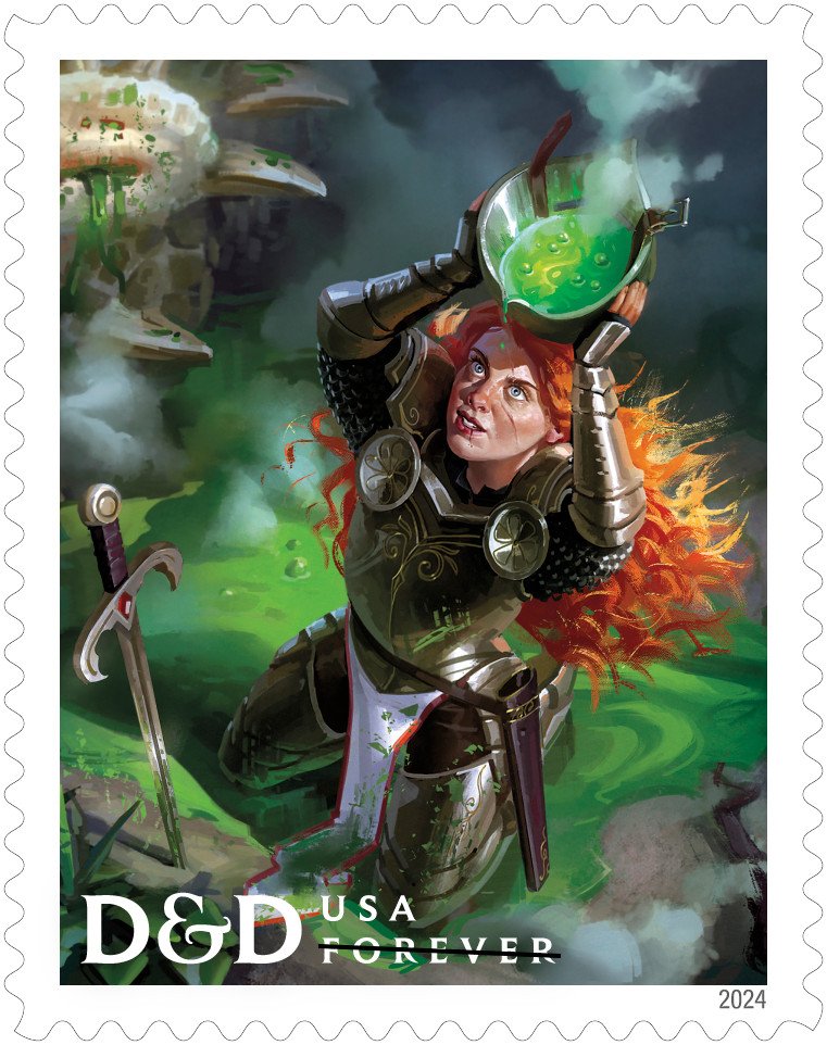 A character holds a pan of toxic green dragon’s blood over her head, preparing to bathe in it in the hope of gaining magical powers, in an illustration that appeared in the 2021 book Fizban’s Treasury of Dragons.