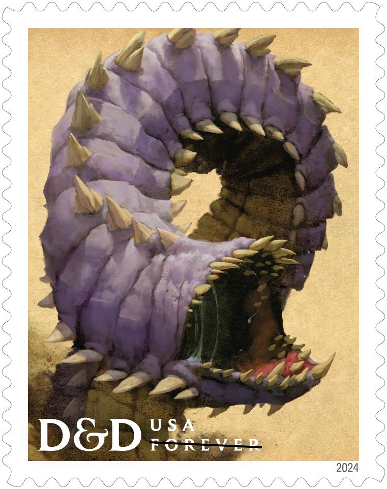 A purple worm, a fearsome creature that burrows through the earth and leaves massive tunnels in its wake, rises from the ground and coils, its teeth on display, in an illustration that appeared in the 2014 edition of the Monster Manual.