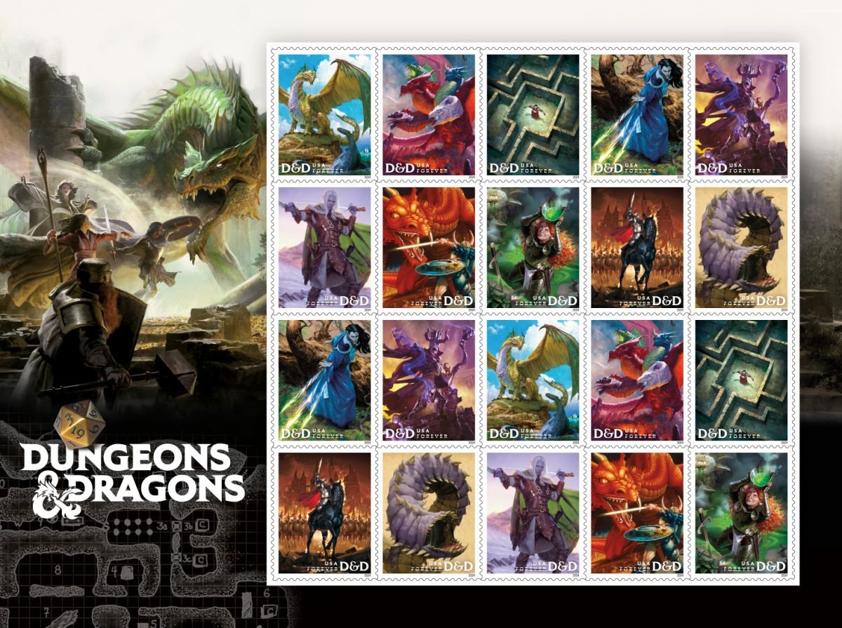 A sheet of Dungeons & Dragons stamps surrounded by art with a dragon and a gold D20