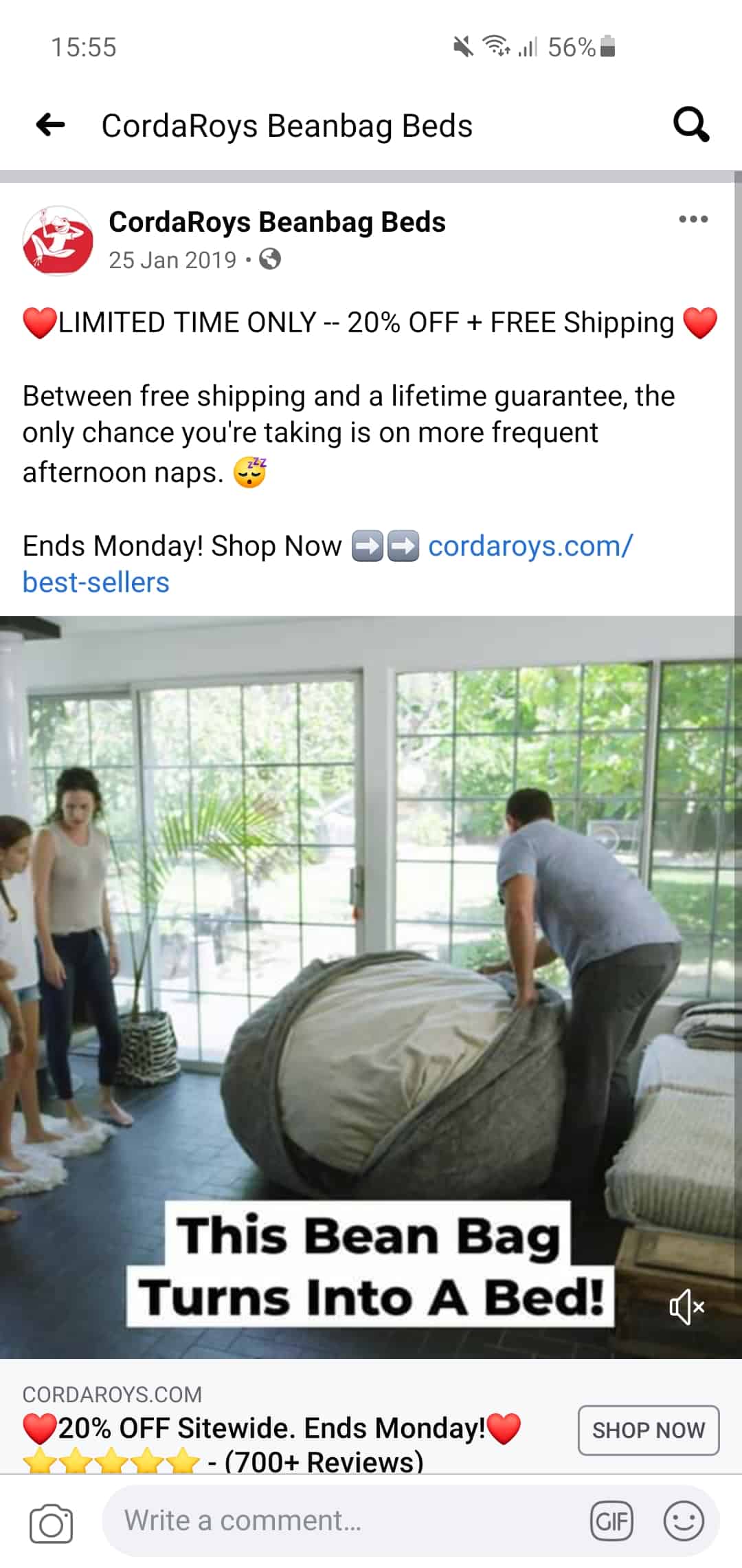 Facebook ad example - Beanbag Beds