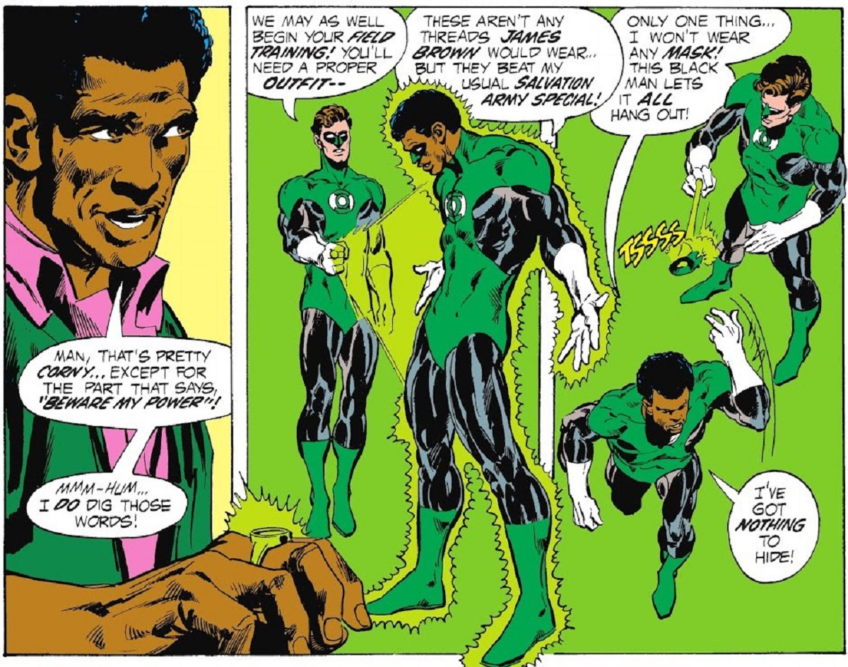 Hal Jordan creates John Stewart's new costume in Green Lantern #87.