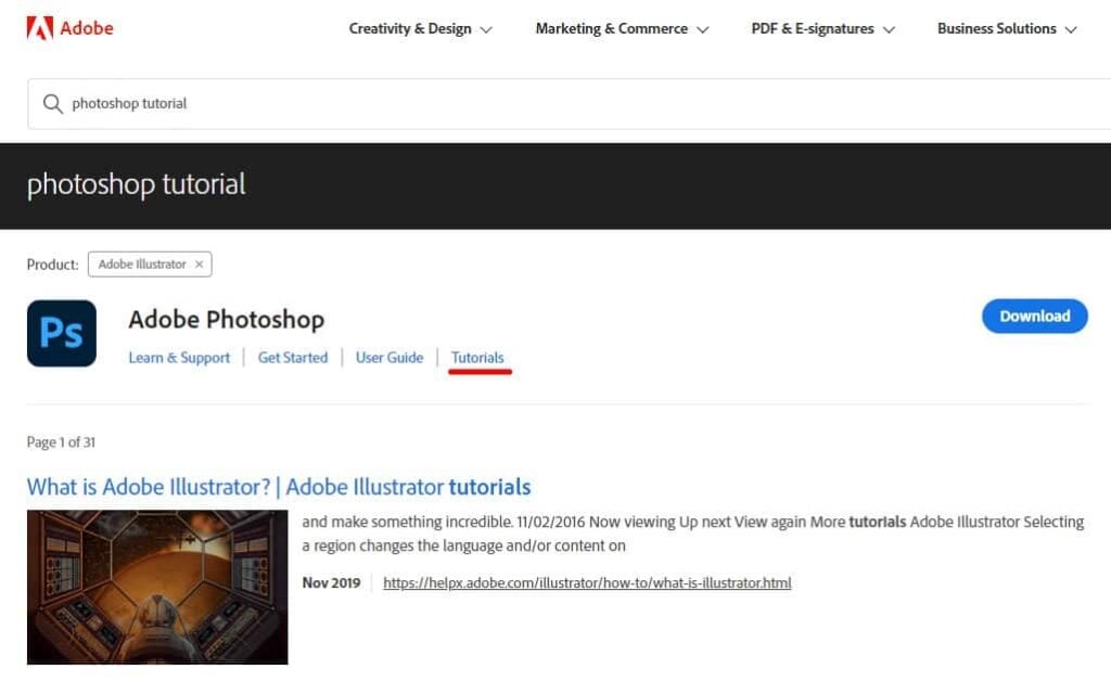 Example of how to learn Photoshop for free on the Adobe website