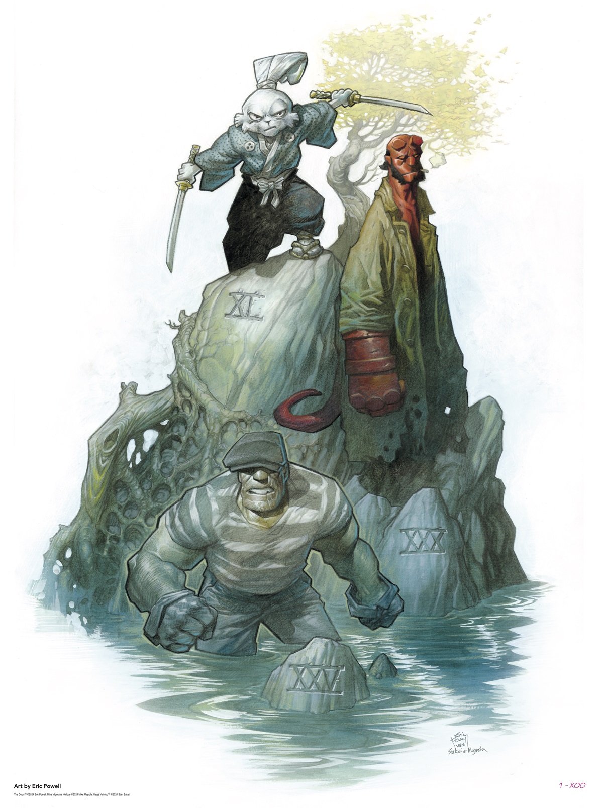Dark Horse Comics' Hellboy, Usagi Yojimbo, and the Goon print by Eric Powell for SDCC 2024. 
