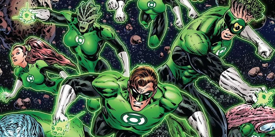 Hal Jordan and the alien members of the Green Lantern Corps, with art by Liam Sharp
