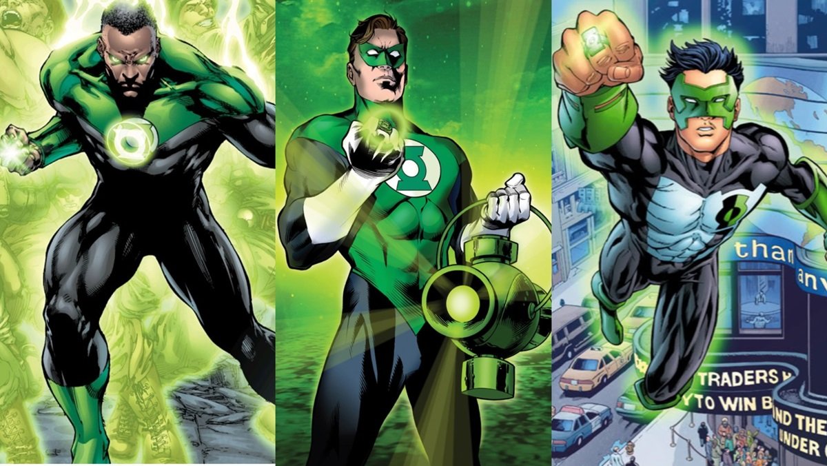 DC Comics' Green Lanterns, from L to R, John Stewart, Hal Jordan, and Kyle Rayner.