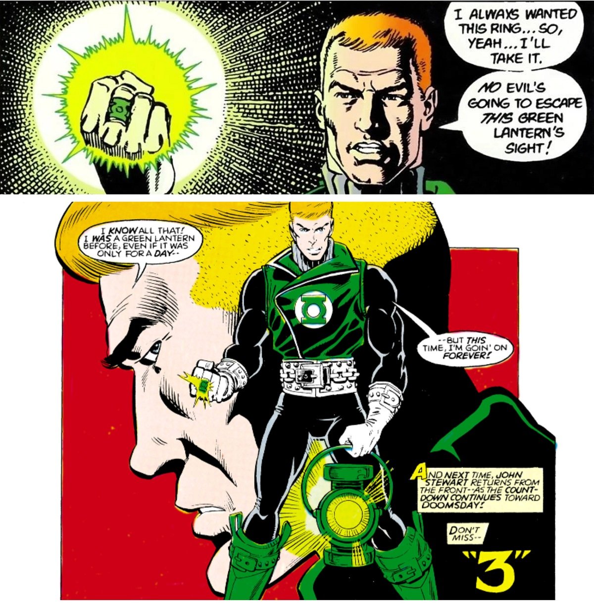 Guy Gardner gets a new power ring in Crisis on Infinite Earths (art by George Perez) and takes his place among the Green Lantern Corps (art by Joe Staton), 