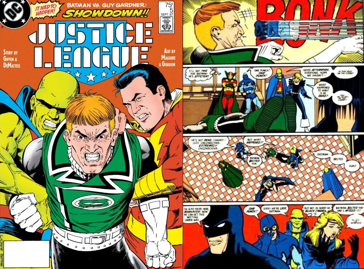 Guy Gardner fights Batman in 1987's Justice League (art by Kevin Maguire). 