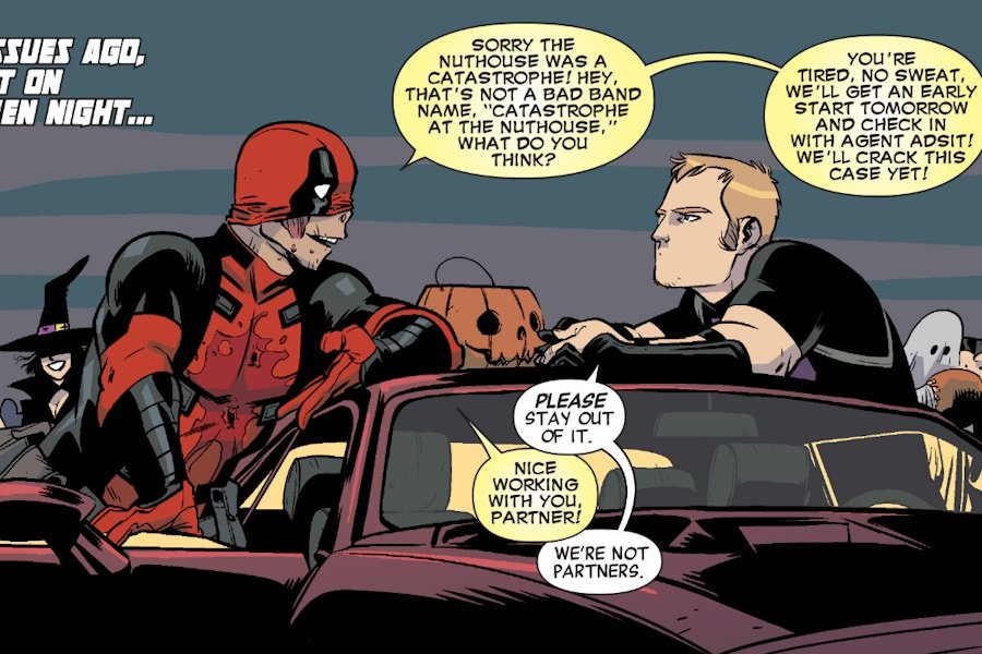 Hawkeye and Deadpool talk by a car.
