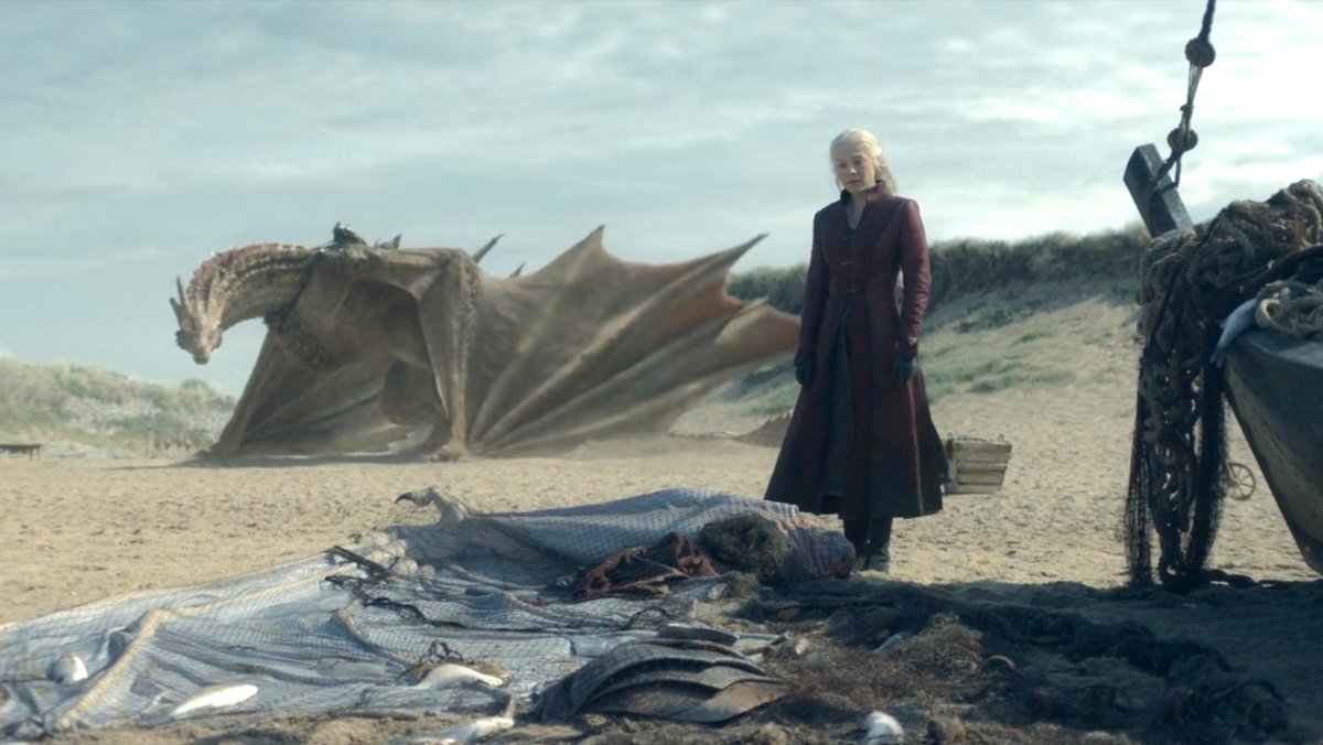 House of the Dragon season two the remains of Arrax wash up on the beach near Rhaenyra and Syrax