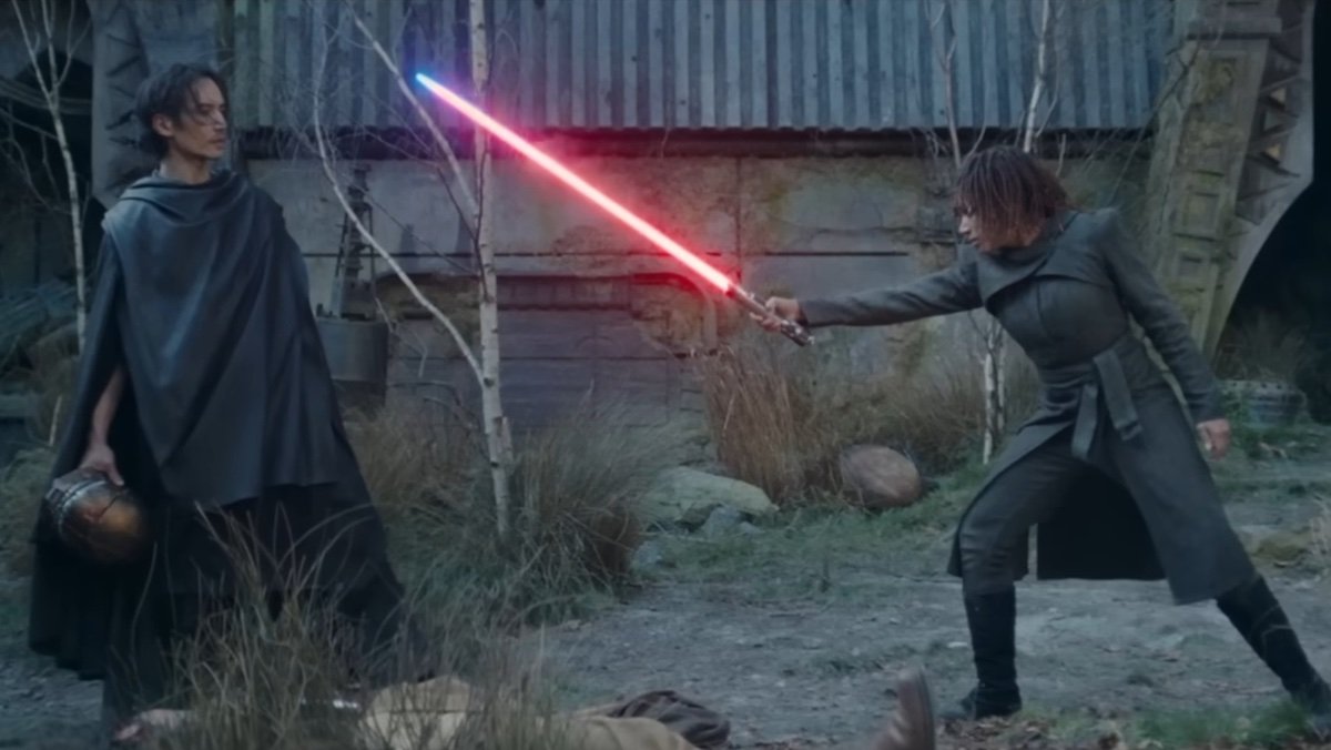 Osha holding a blue lightsaber turning red against Qimir on The Acolyte after the death of Sol