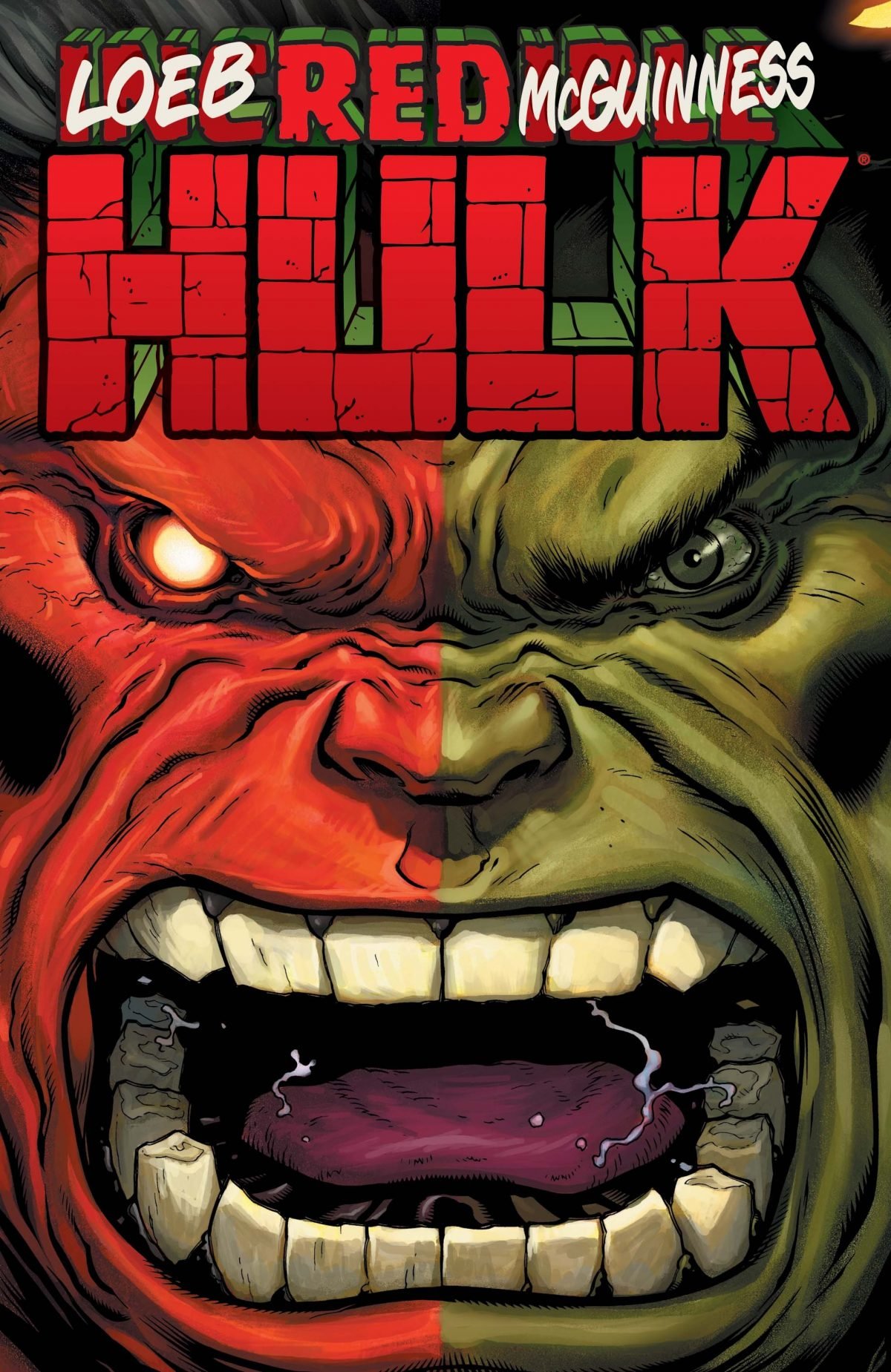 The cover of Red Hulk comics shows Red Hulk's face on the left mirrored with regular Hulk's face on the right.