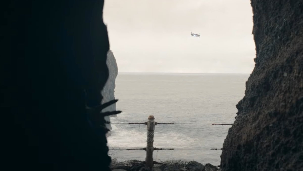 The hand of Darth Plagueis is seen in the archway of a cave as a ship flies off on the Acolyte