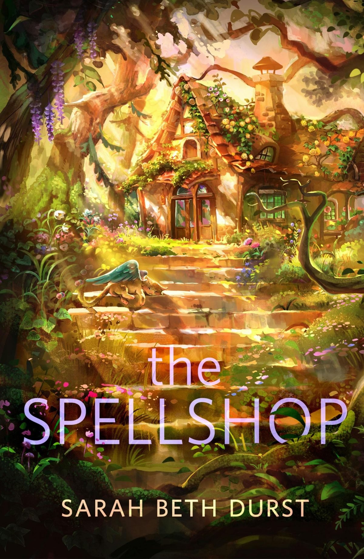 The cover of The Spellshop by Sarah Beth Durst featuring an illustration of a cozy flower-covered cottage in the woods