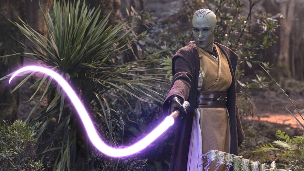 Vernestra Rwoh lightwhip on The Acolyte, the lightwhip is a clue to her identity as Qimir's old Jedi master