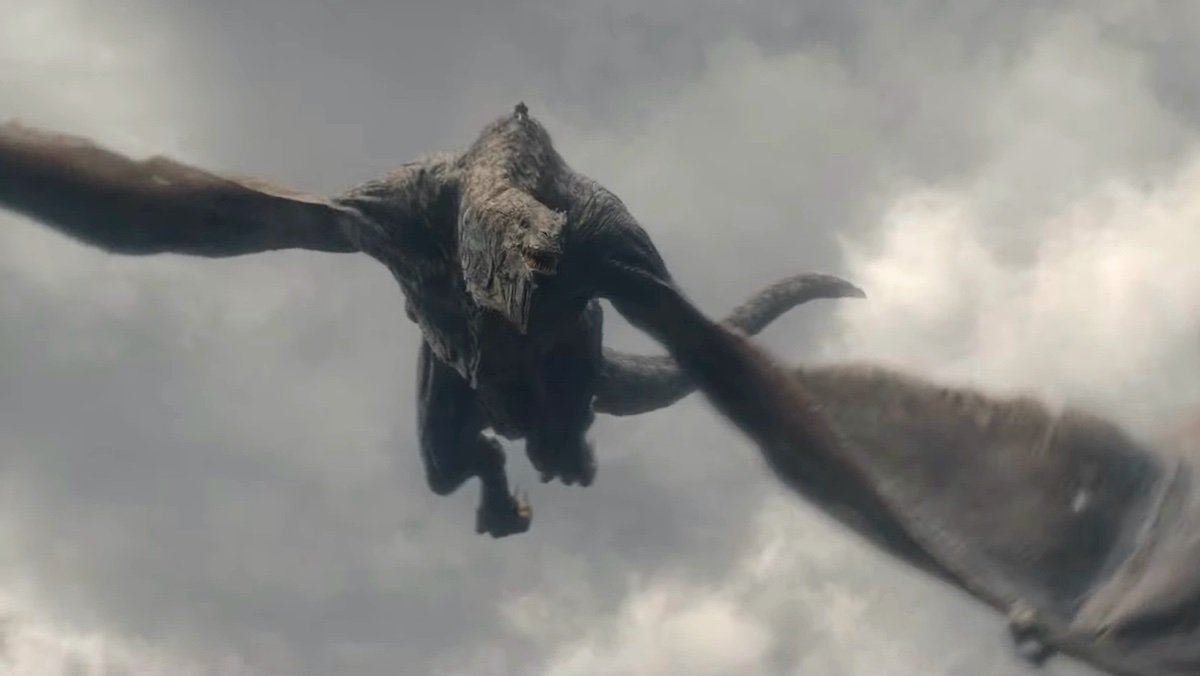 The large, turkey-necked dragon Vhagar flying on House of the Dragon