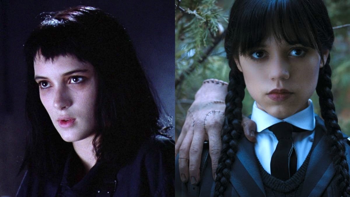 split photo of lydia deetz and wednesday addams goth girls