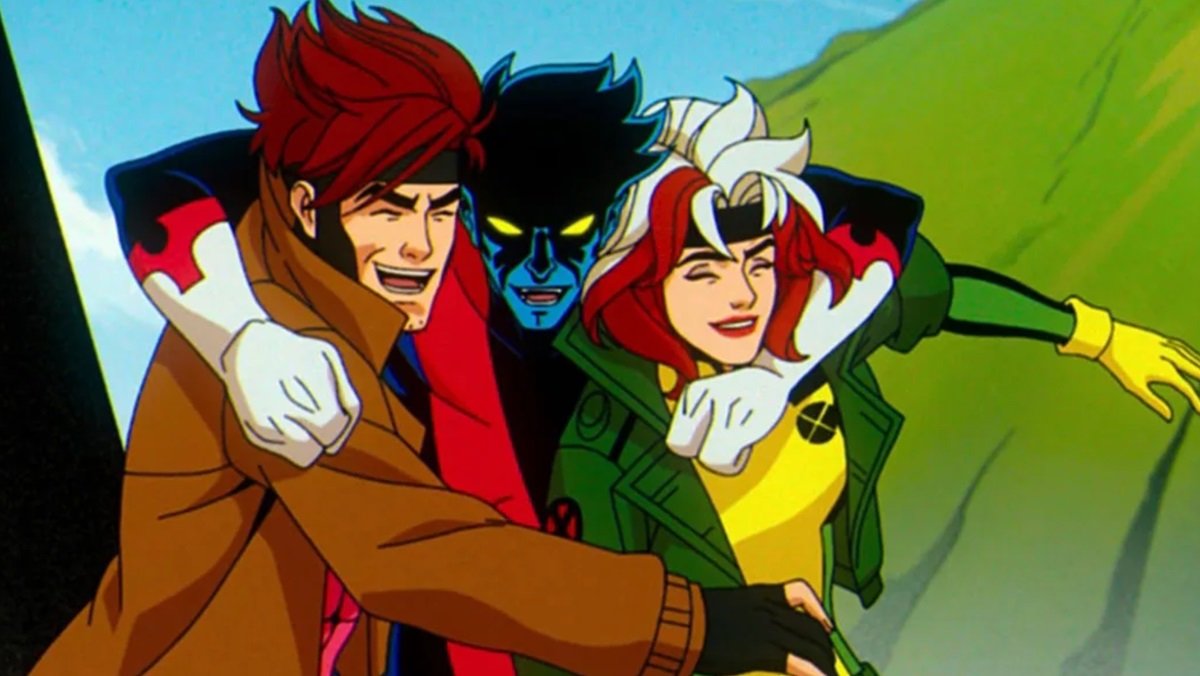 Rogue, Gambit, and Nightcrawler celebrating on Genosha in X-Men '97.