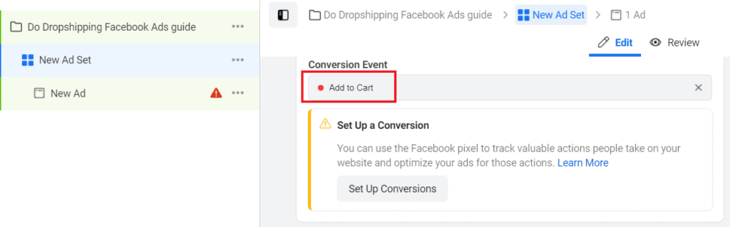 Facebook Ads add to cart conversion event
