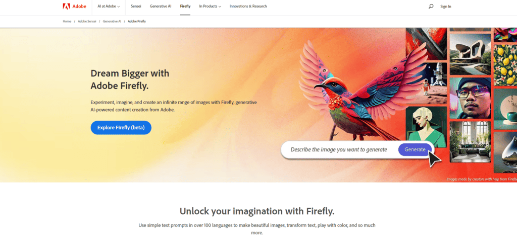 Adobe Firefly homepage