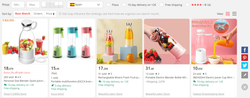 AliExpress product examples shipped from Spanish suppliers