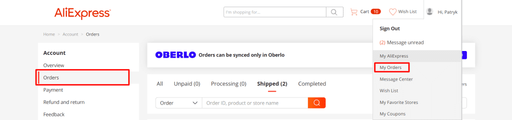 My Orders page on AliExpress