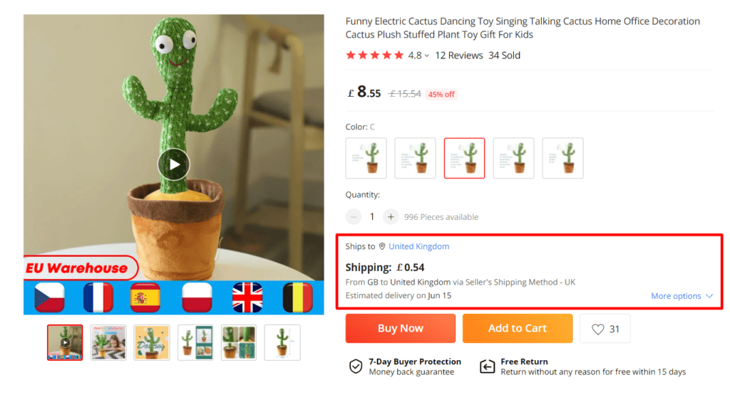 AliExpress product example ship from UK