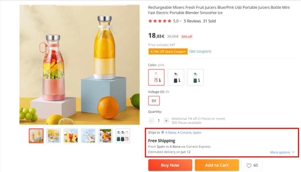 AliExpress product example that ships from Spain