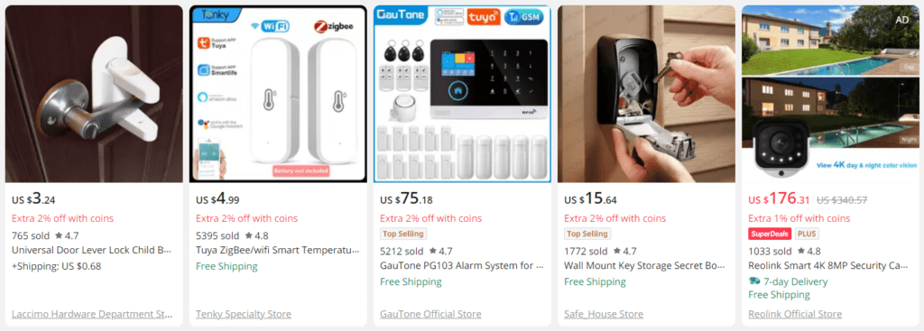 Security product examples on AliExpress