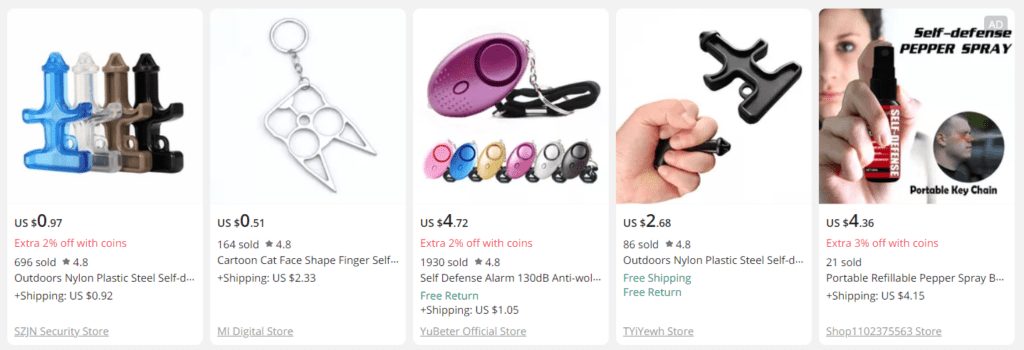 Self defense product examples on AliExpress