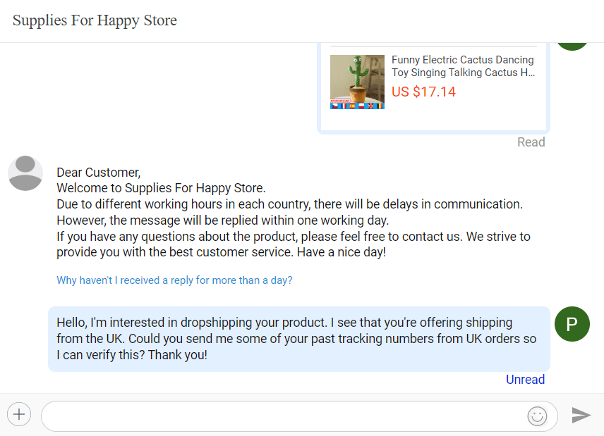 AliExpress supplier asking for past UK tracking information example