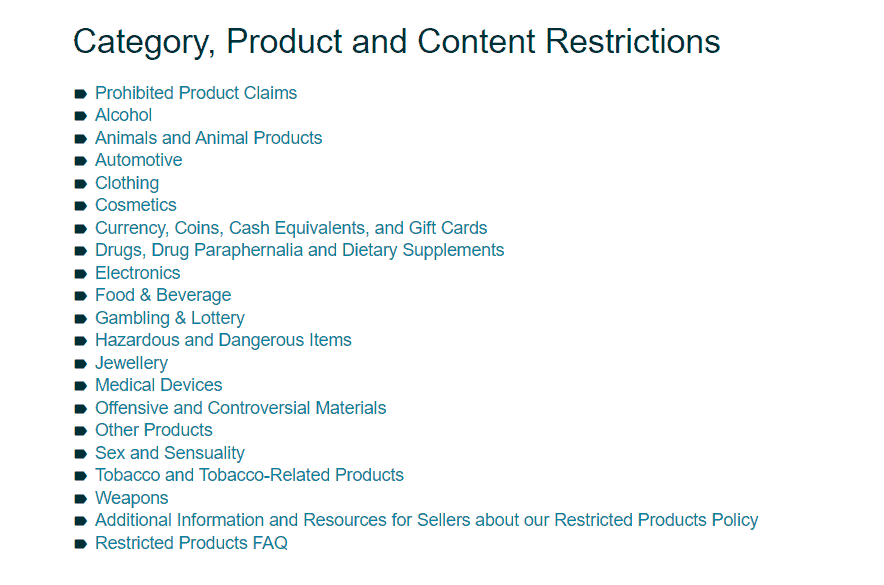 Amazon category, product, and content restrictions