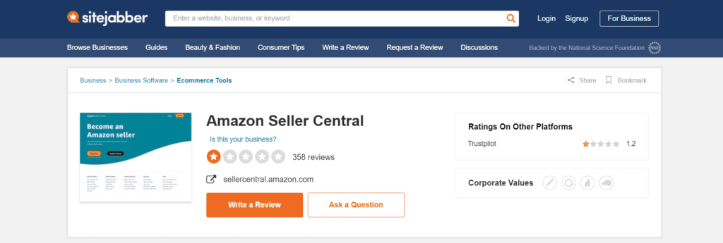 Amazon Seller Central reviews on Sitejabber
