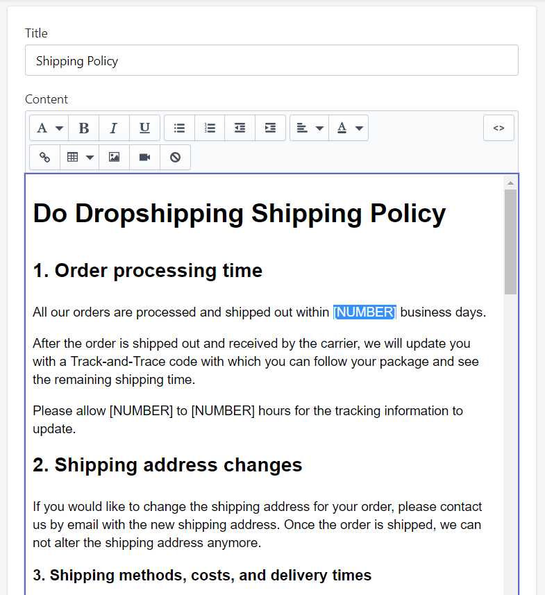 Dropshipping shipping policy template shopify