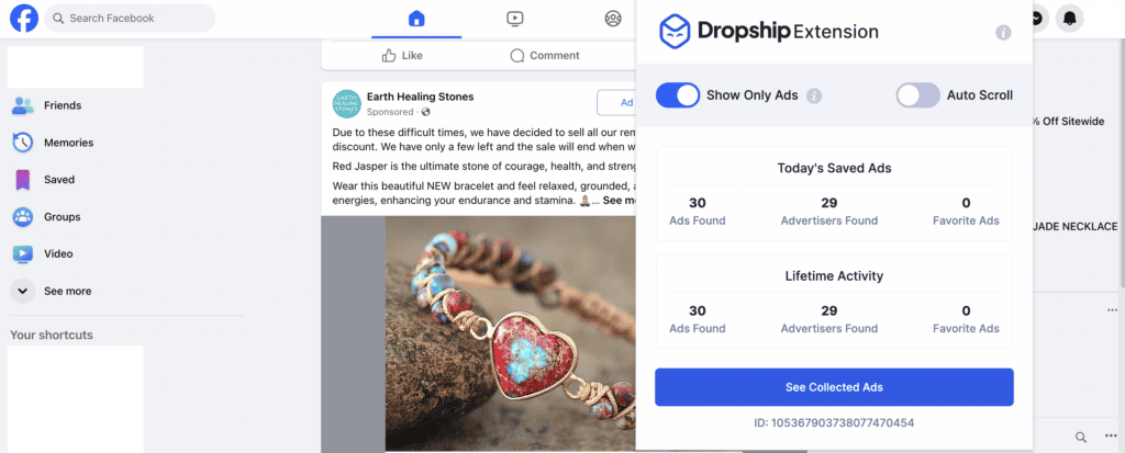 Facebook ads tool of the Dropship Chrome extension