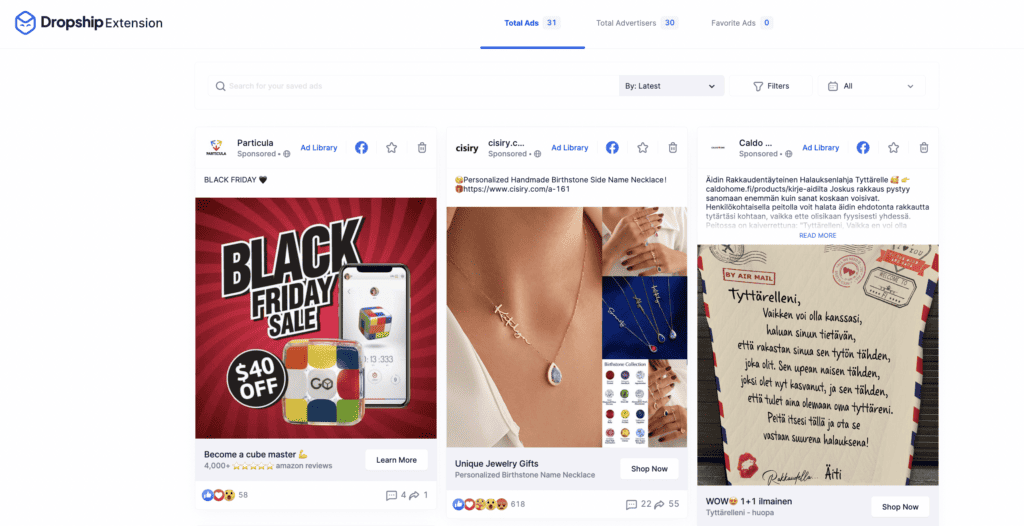 Collected Facebook ads of the Dropship extension