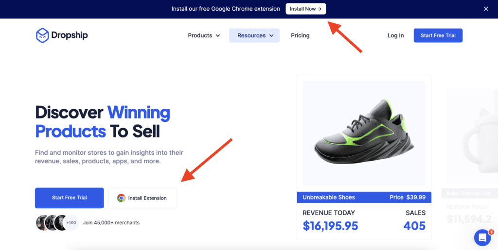 Chrome extension buttons on Dropship website