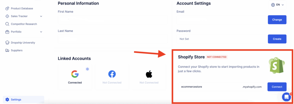 Shopify store integration of Dropship.io