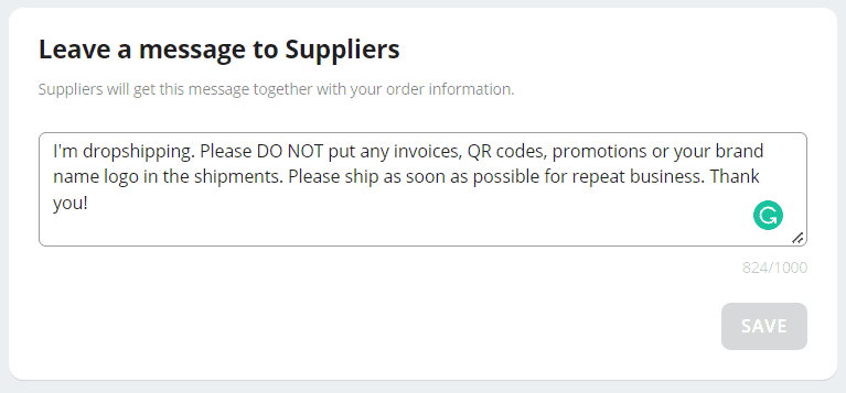 Custom note for dropshippers
