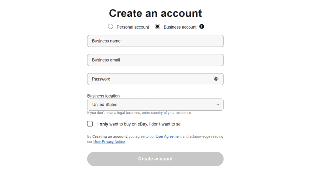 Create new account on eBay page