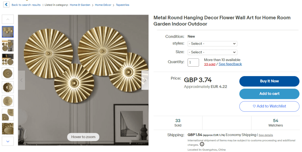 Product listing of hanging decor on eBay